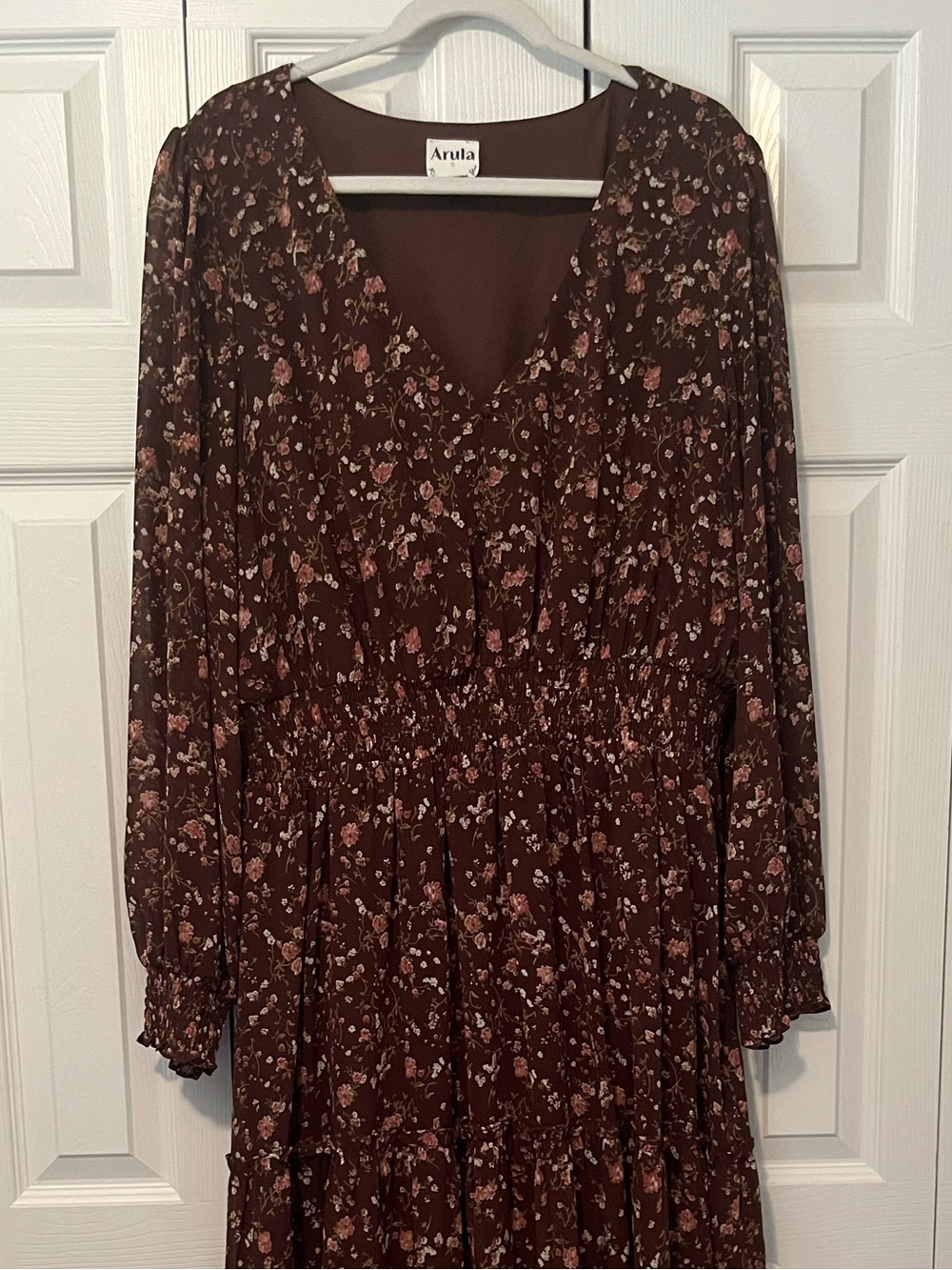 Arula Brown Floral Long-Sleeve Midi Dress 2X